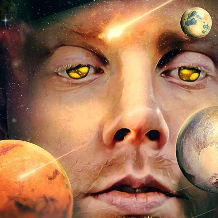 painting of man with planets and stars